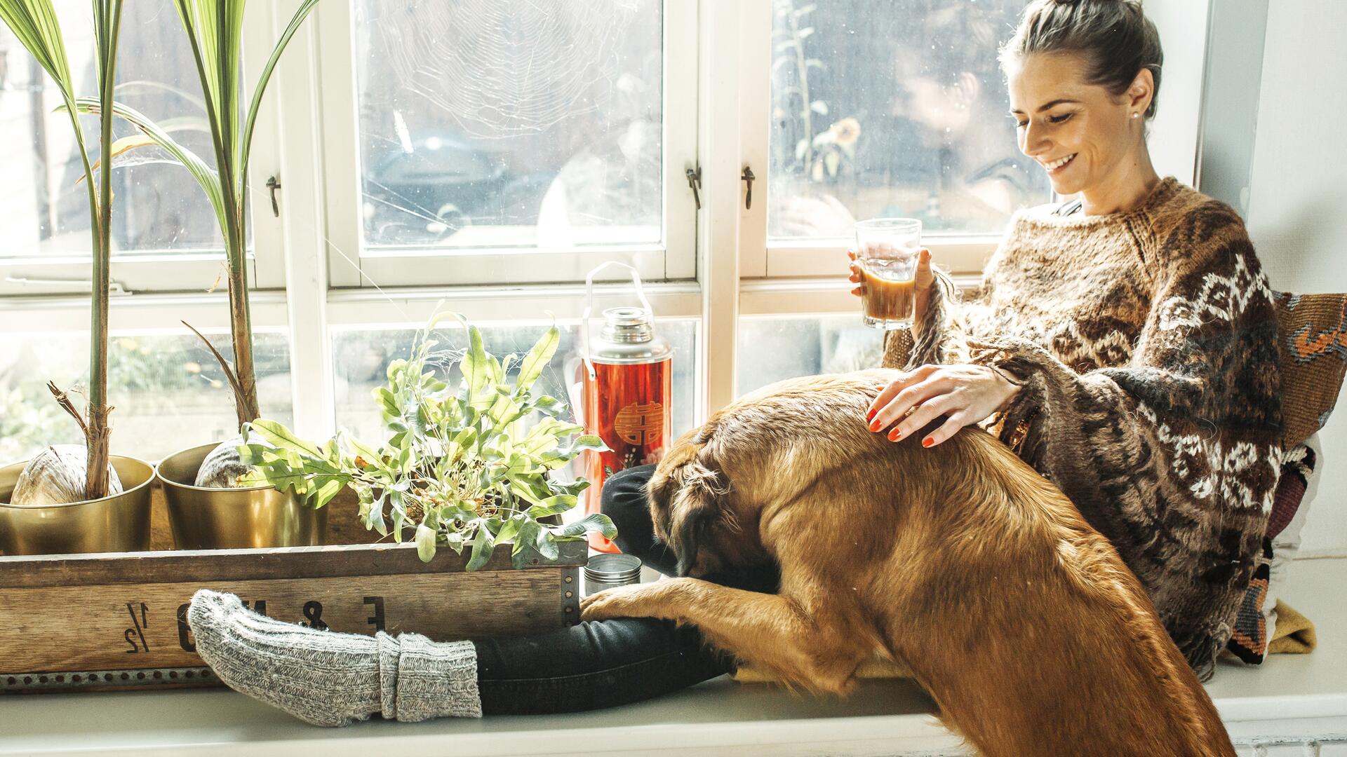 Kvinne i ullgenser sitter i vinduskarmen med en hund, omgitt av planter og dagslys.