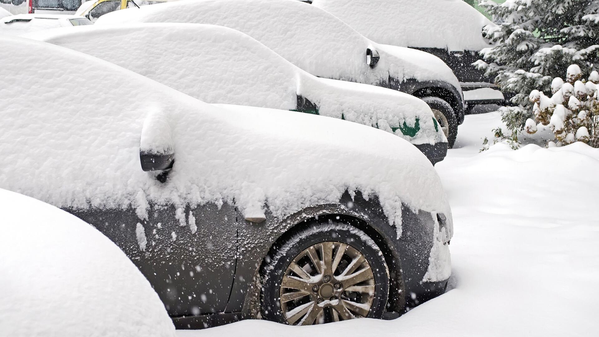 Parkerte biler dekket av snø