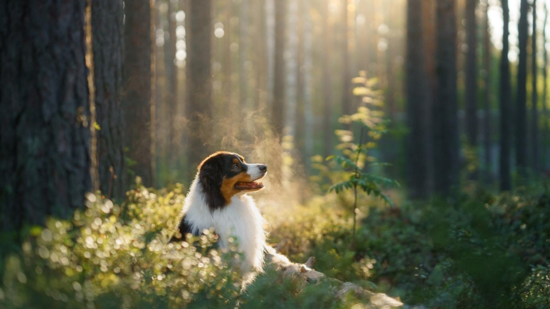 Hund som leker i skogen