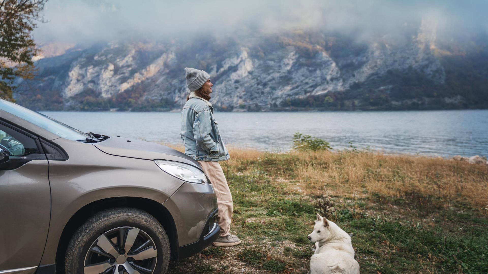 Mann som har parkert bilen og lufter hunden i norsk natur
