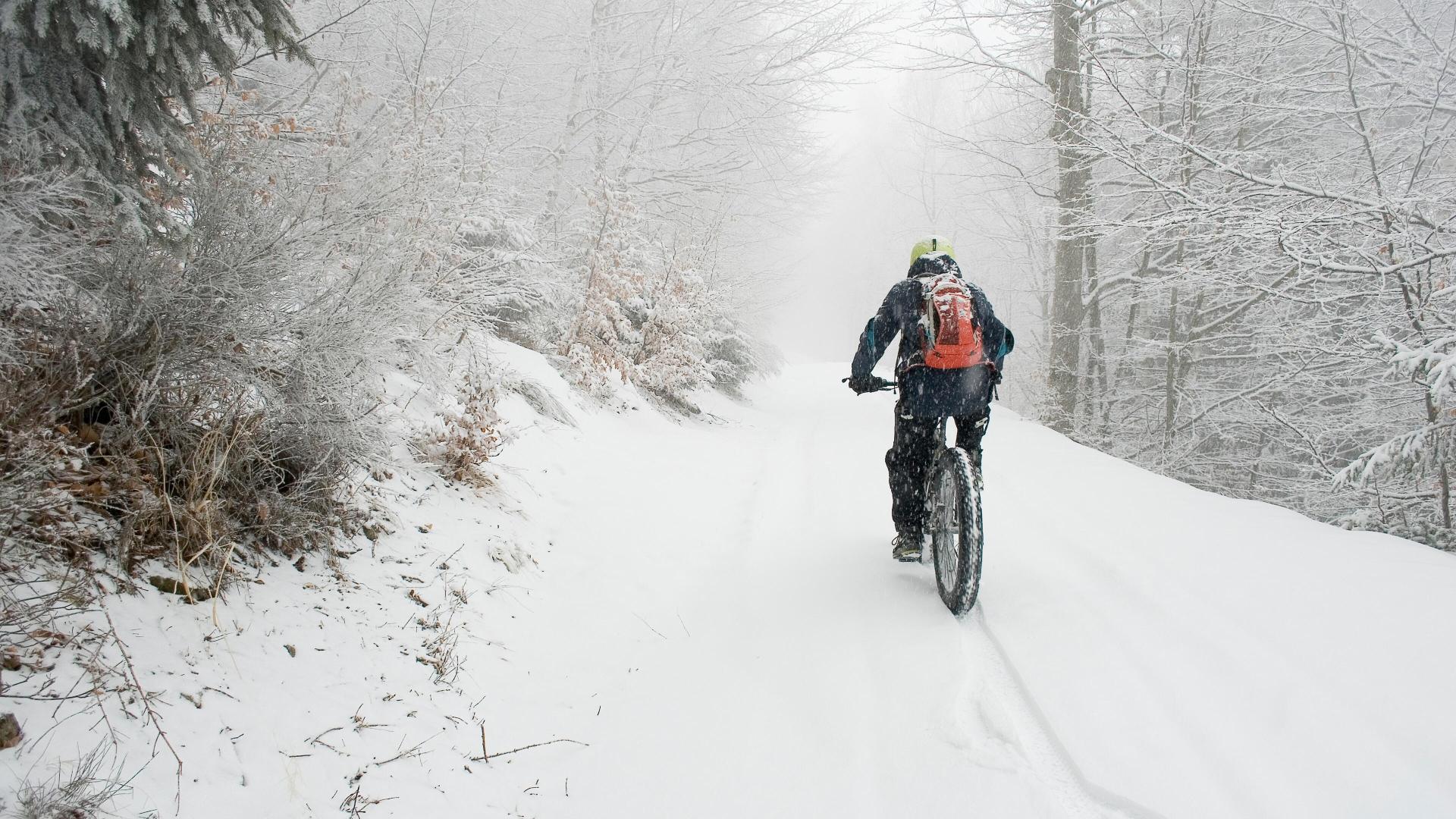  Person på terrengsykkel med piggdekk sykler på snødekket skogssti om vinteren, iført hjelm og oransje ryggsekk.