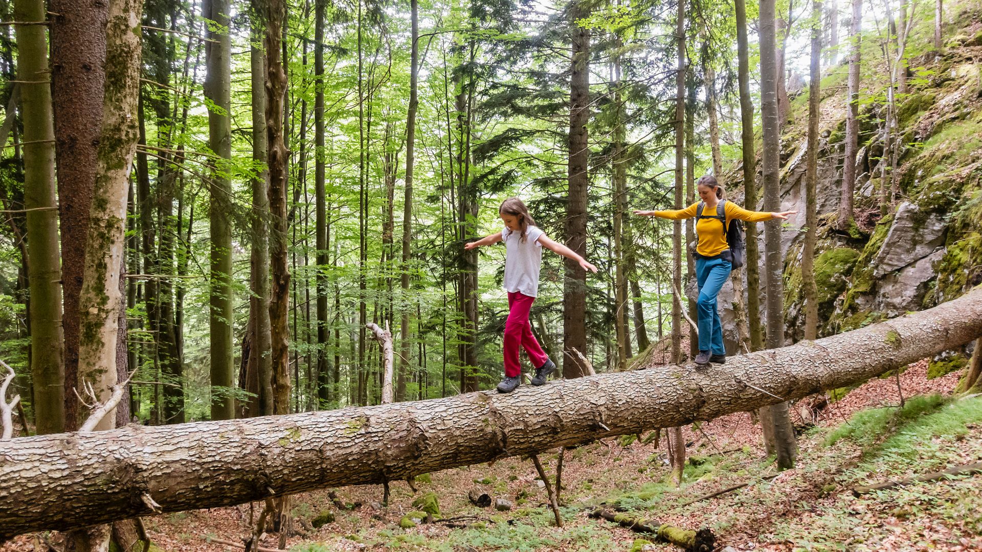 Mor og datter balanserer på en trestokk i skogen