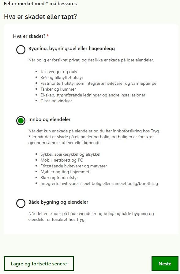 Skjermbilde fra skademeldingsskjema