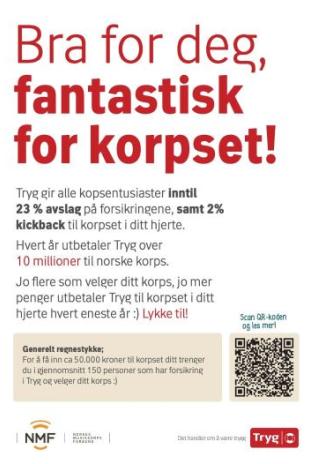 Plakat fra Tryg og Norges Musikkorps Forbund som reklamerer for forsikringsrabatt og støtte til korps.